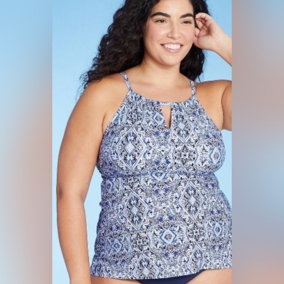 KONA SOL Halter Blue Floral Botanical‎ Blue & White Tankini Swimsuit Swim Top - Picture 14 of 14